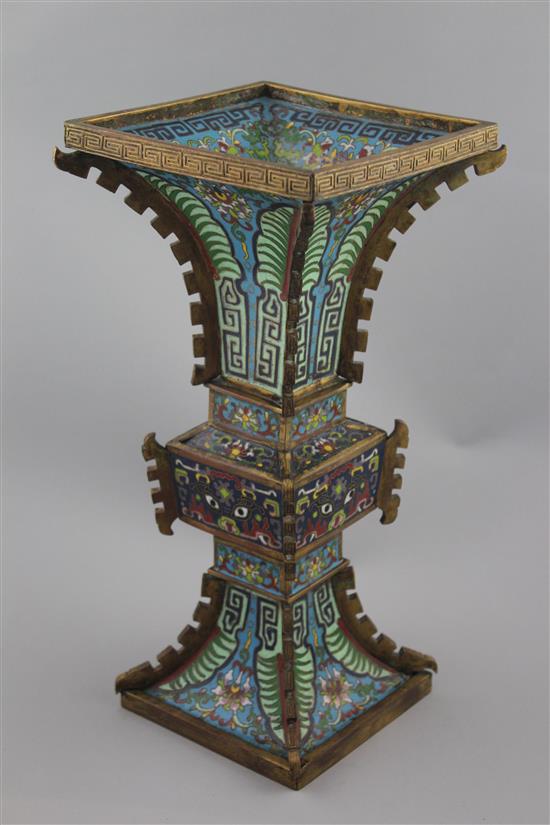 A Chinese gilt bronze and cloisonne enamel beaker vase, gu, Qianlong mark, first half 20th century, 33.5cm